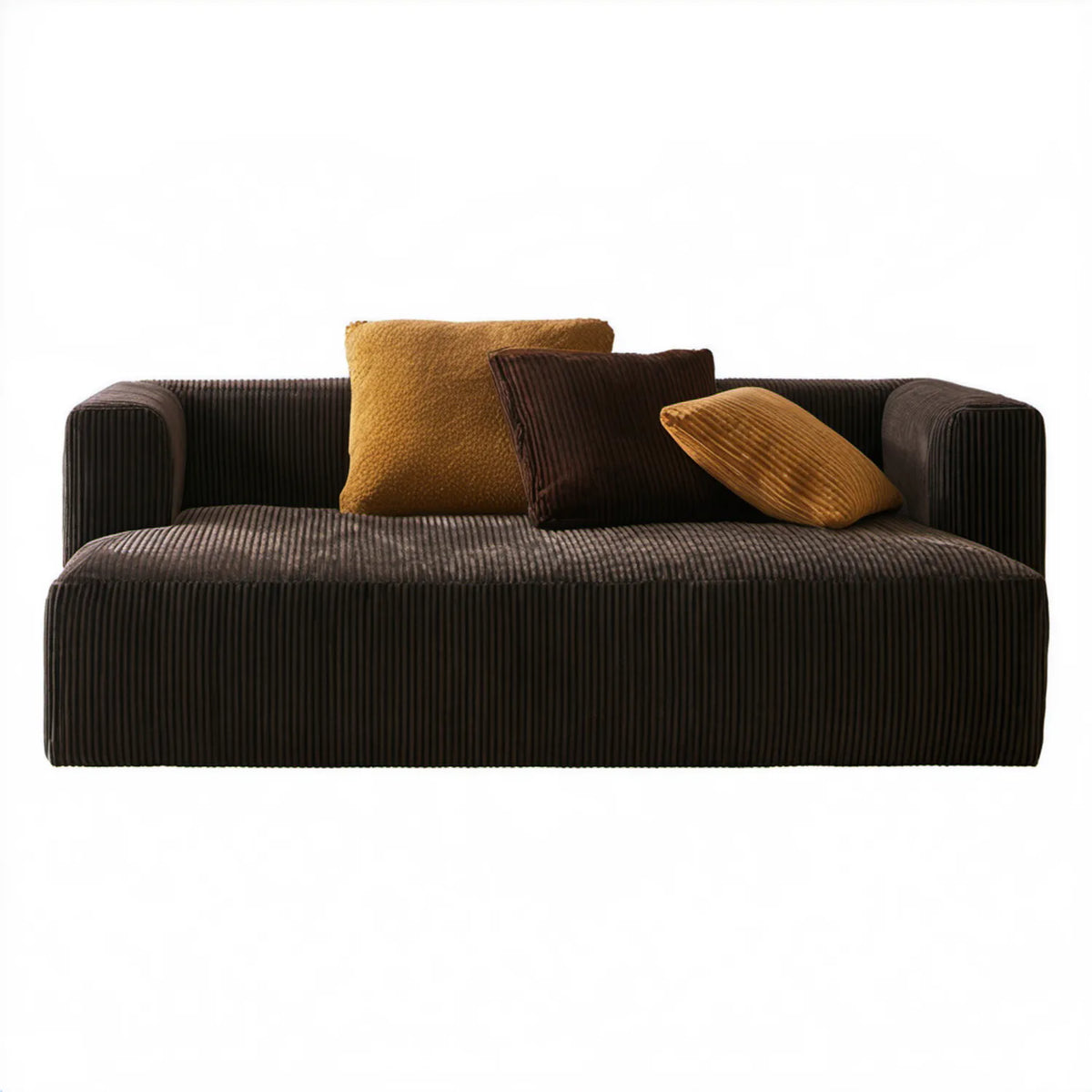 Dwuosobowa sofa ze sztruksową tapicerką ciemnobrązowa z musztardowymi poduszkami 170 x 85 x 70 cm