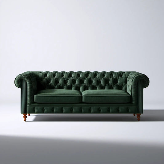 Dwuosobowa sofa tapicerowana ciemnozielona z brązowymi nóżkami, 210 x 90 x 82 cm