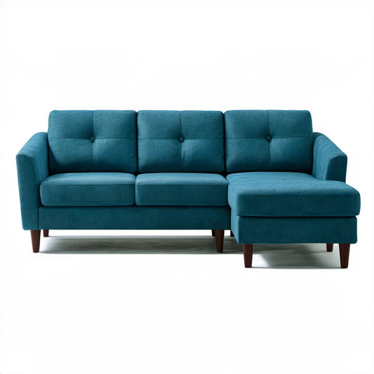 Ciemnoturkusowa sofa narożna L z szezlongiem po prawej stronie, 230 x 150 x 85 cm