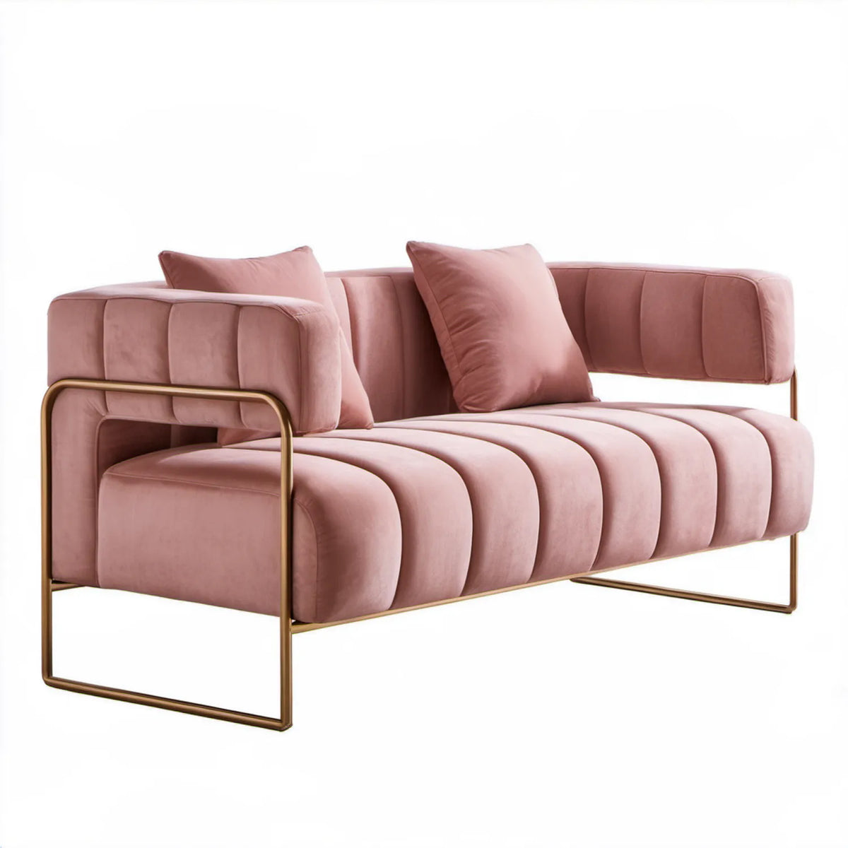 Różowa sofa dwuosobowa z aksamitną tapicerką i złotą podstawą, 160 x 80 x 78 cm