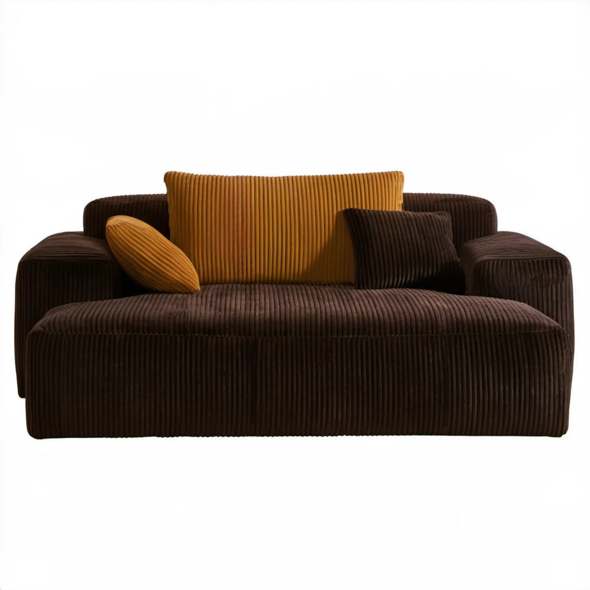 Dwuosobowa sofa ze sztruksu poliestrowego ciemnobrązowa z musztardowymi poduszkami, 150 x 90 x 78 cm