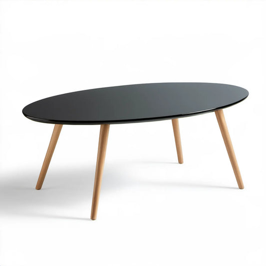Owalny stolik kawowy MDF czarny z nogami z litego drewna bukowego 120 x 60 x 45 cm