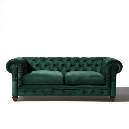 Dwuosobowa sofa Chesterfield z aksamitu poliestrowego, ciemnozielona, 180 x 90 x 78 cm